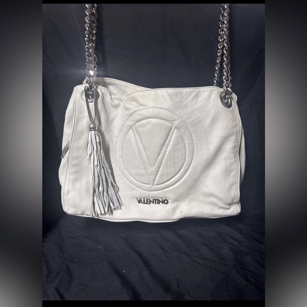 Valentino White Pebbled Leather Shoulder Bag with Silver Hardware